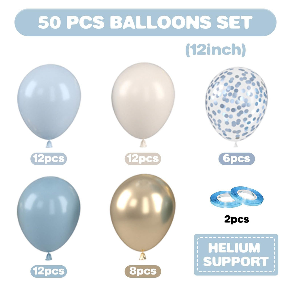 Dusty blue, cream, gold, and confetti balloons with ribbons and 'Helium Support' text.