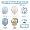 Dusty blue, cream, gold, and confetti balloons with ribbons and 'Helium Support' text.