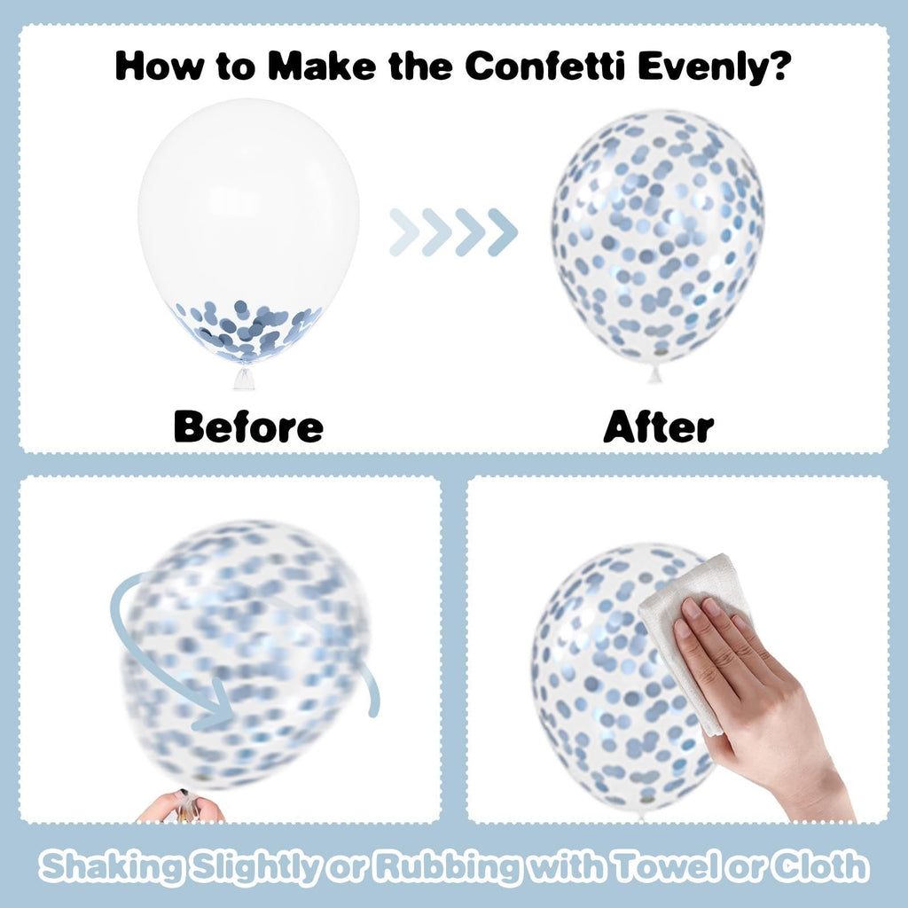 Confetti balloon demonstration showing how to evenly distribute confetti before and after shaking or rubbing.