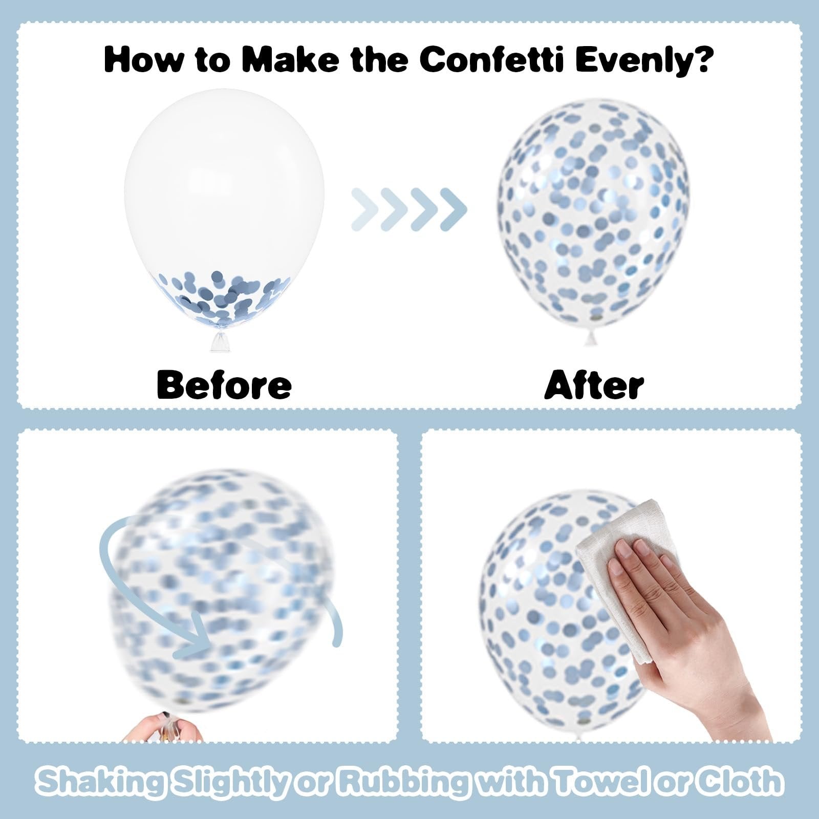 Confetti balloon demonstration showing how to evenly distribute confetti before and after shaking or rubbing.