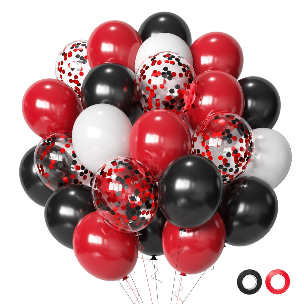 Cluster of 12-inch latex balloons in black, red, and white, some filled with confetti, against a white background.