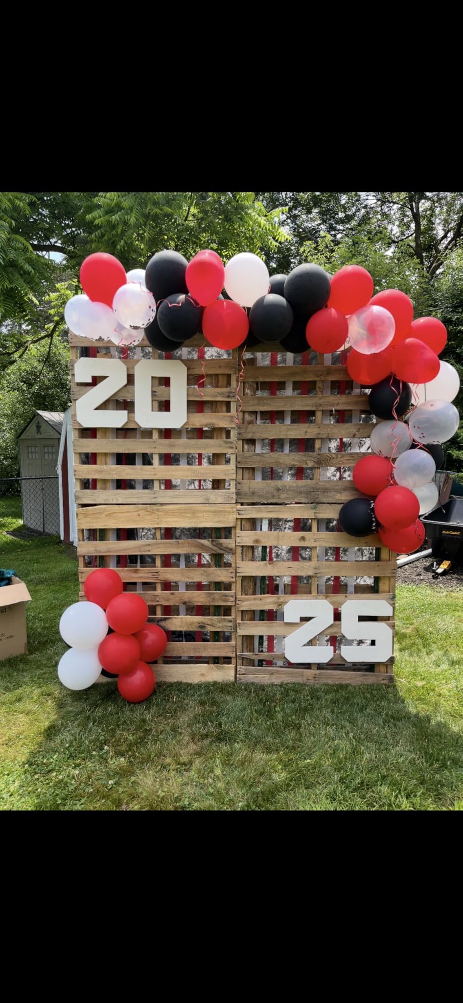 Party backdrop with balloons and numbers 20 and 25, set up outdoors on grass
