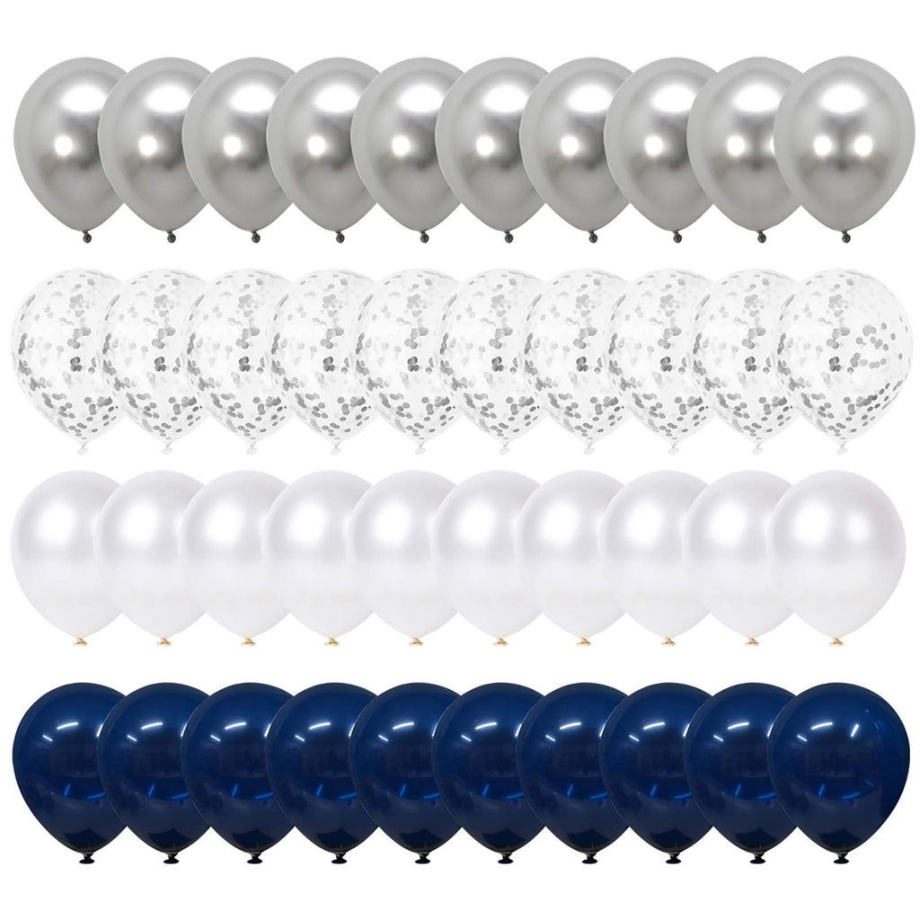 Four rows of 12-inch latex balloons in metallic silver, clear confetti, pearl white, and navy blue.