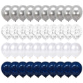 Four rows of 12-inch latex balloons in metallic silver, clear confetti, pearl white, and navy blue.