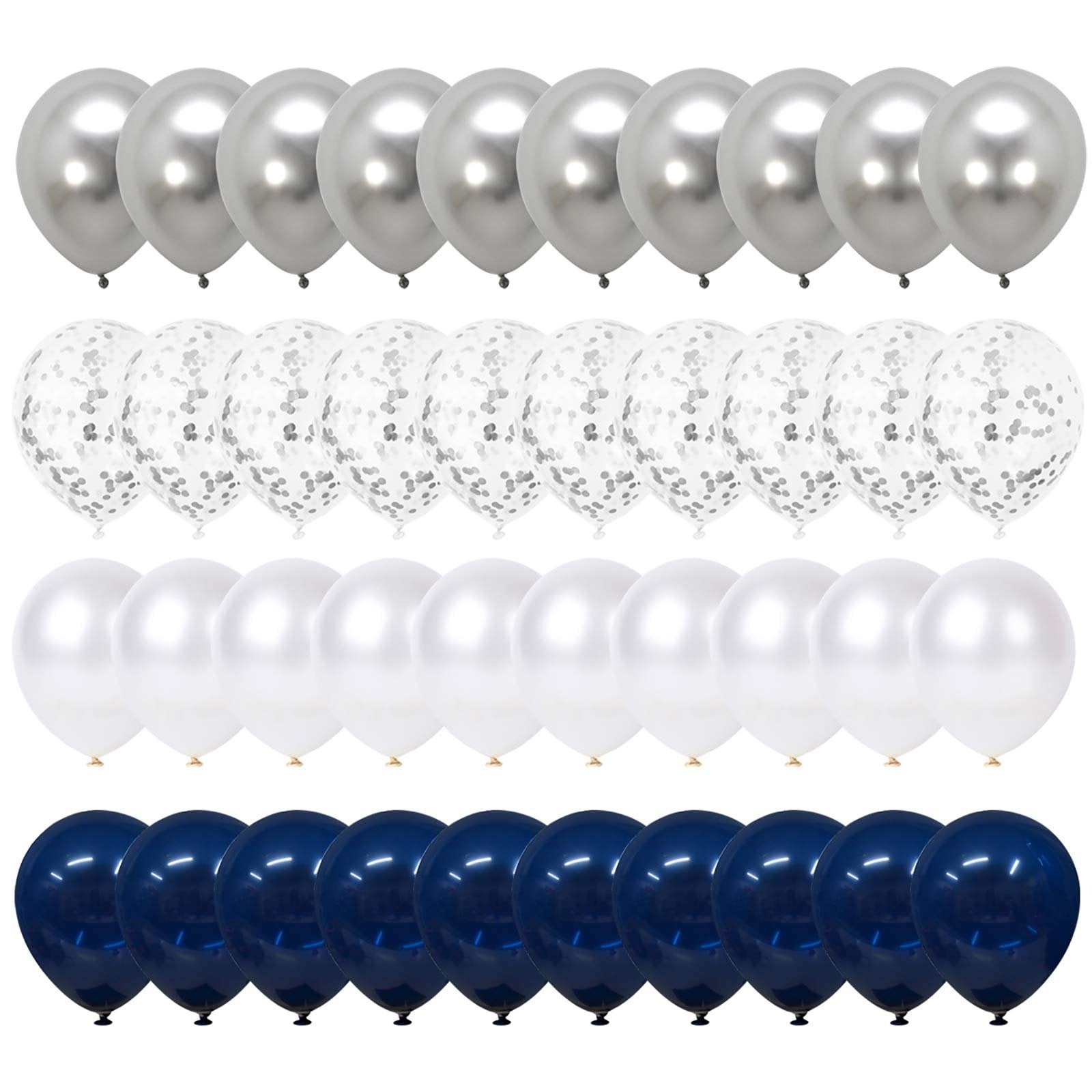 Four rows of 12-inch latex balloons in metallic silver, clear confetti, pearl white, and navy blue.