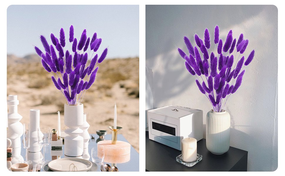 Purple bunny tail grass in a white vase on a table with desert background and on a shelf with a candle