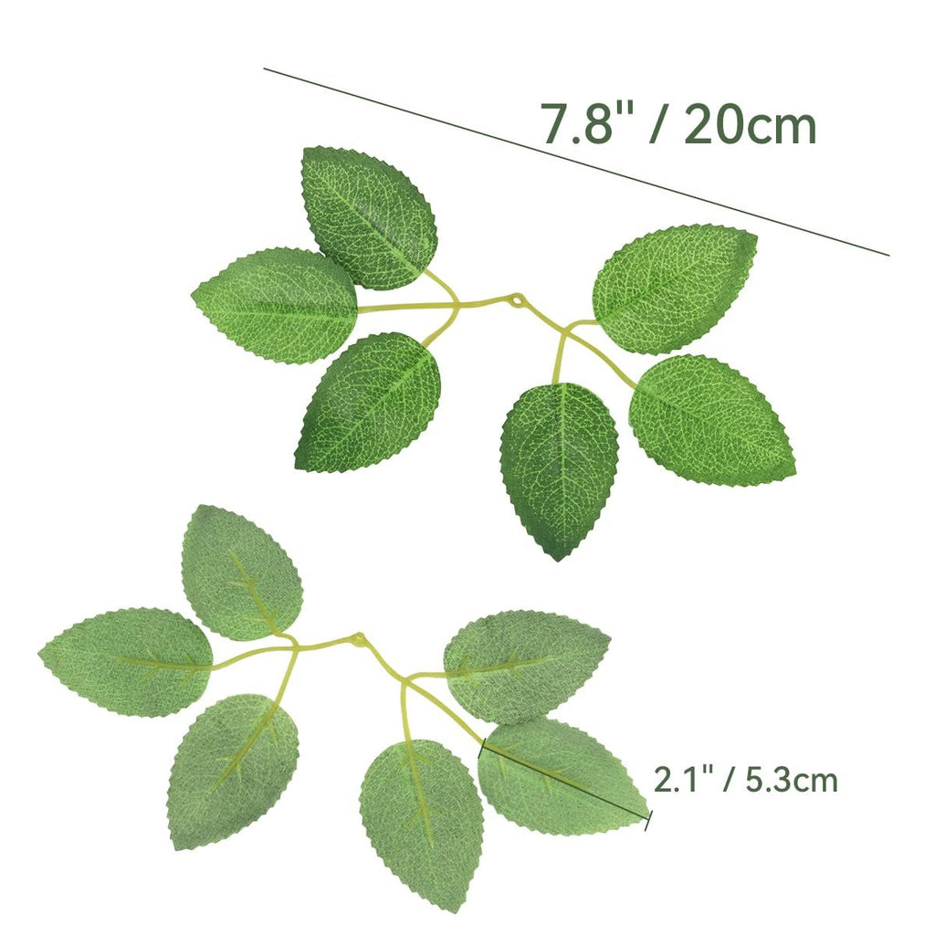 Two artificial green rose leaf stems with dimensions indicated, one 7.8"/20cm long and the other 2.1"/5.3cm wide.