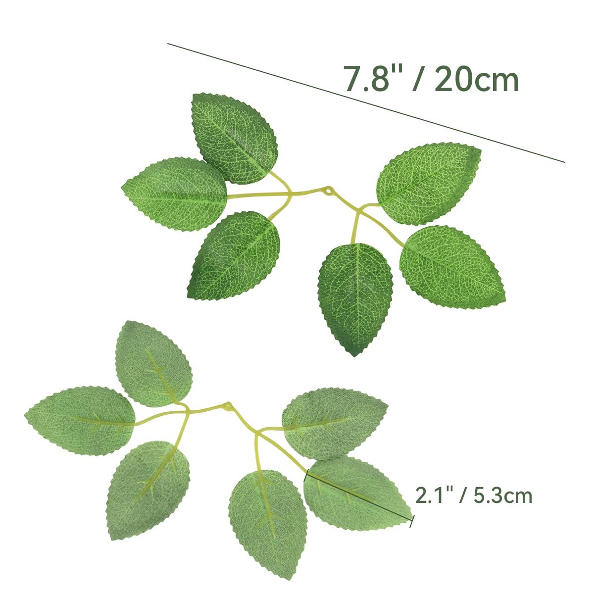 Two artificial green rose leaf stems with dimensions indicated, one 7.8"/20cm long and the other 2.1"/5.3cm wide.