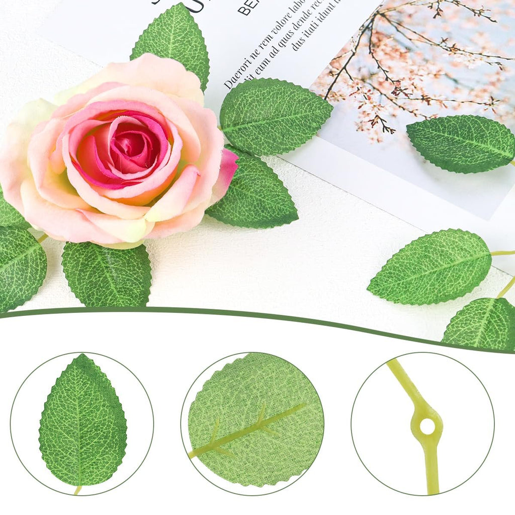 Artificial pink and yellow rose with green leaves, close-up views of leaf texture and stem attachment.