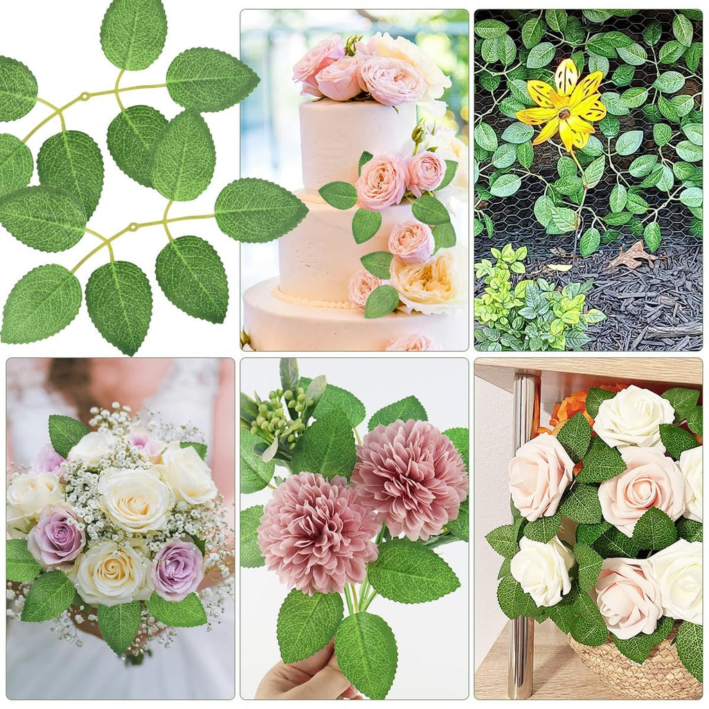 Collage of artificial green rose leaves and floral arrangements for DIY decor