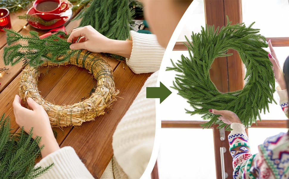 Hands assembling a faux pine wreath on a wooden table, with a finished wreath shown hanging on a window.