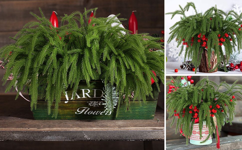 Three arrangements of artificial green pine branches with red berries and candles in decorative containers.
