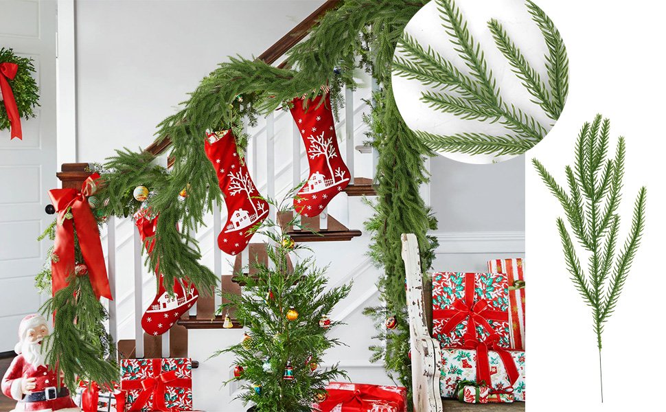 Christmas garland and stockings on stairs with pine picks and gifts
