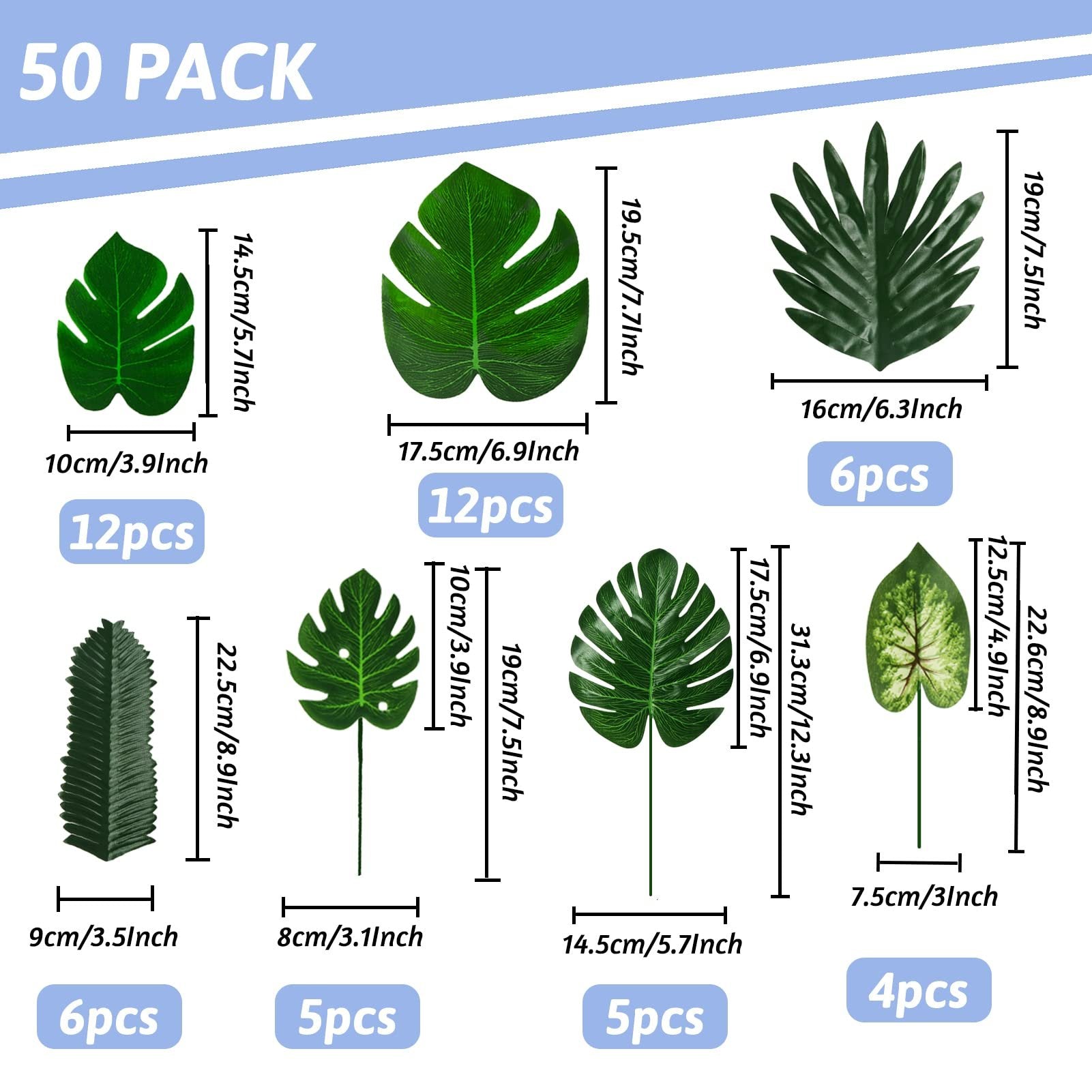 Set of artificial tropical leaves with dimensions and quantities labeled for each type.