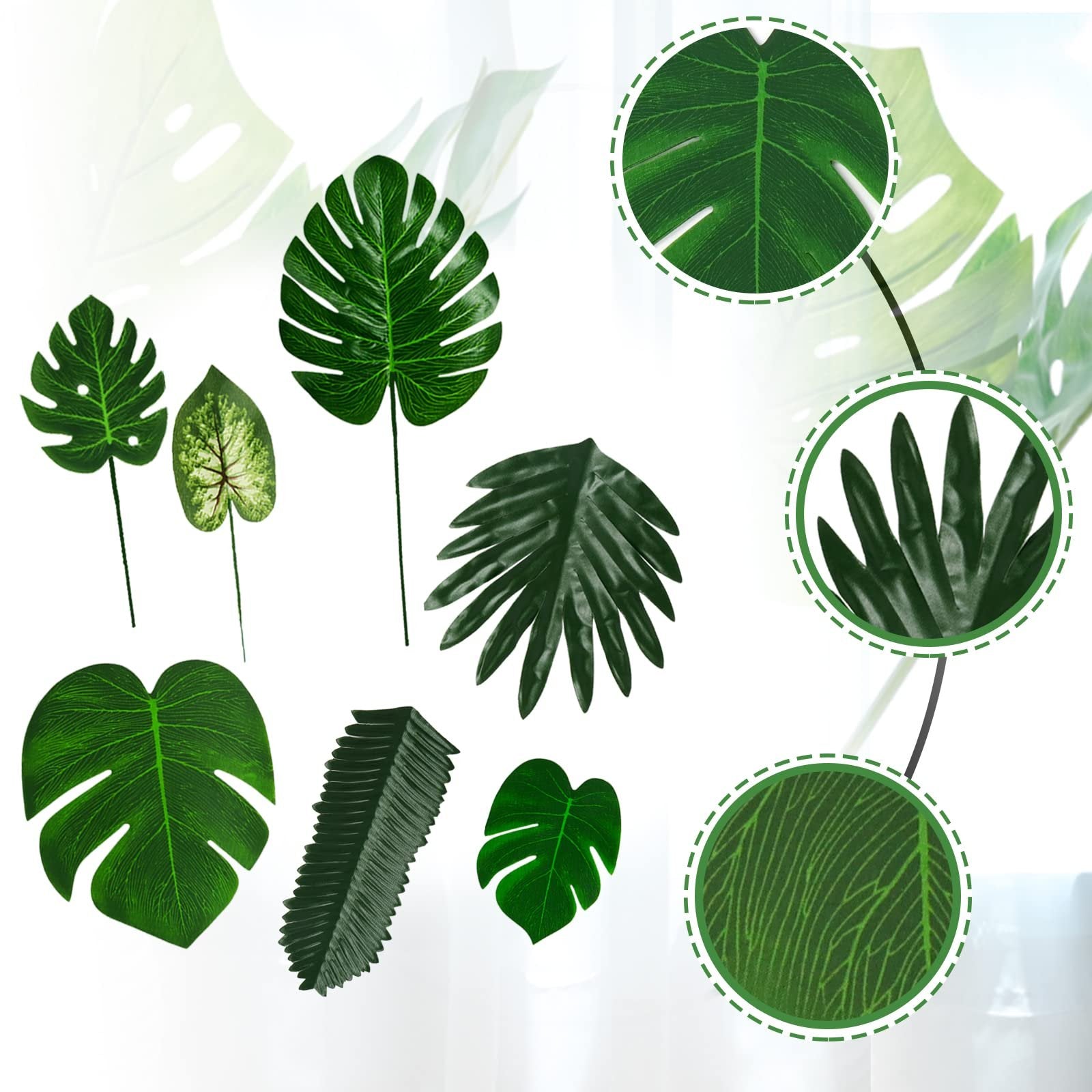 Assortment of artificial tropical leaves in various shapes and sizes, some with close-up detail views.
