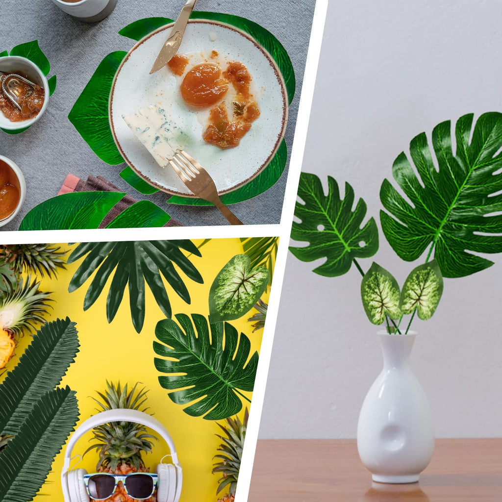 Collage of artificial tropical leaves, including a pineapple with sunglasses and headphones, and leaves in a vase.