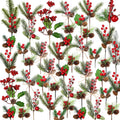 Collage of 50 Christmas floral picks with faux cedar, pine needles, red berries, pinecones, and holly leaves.