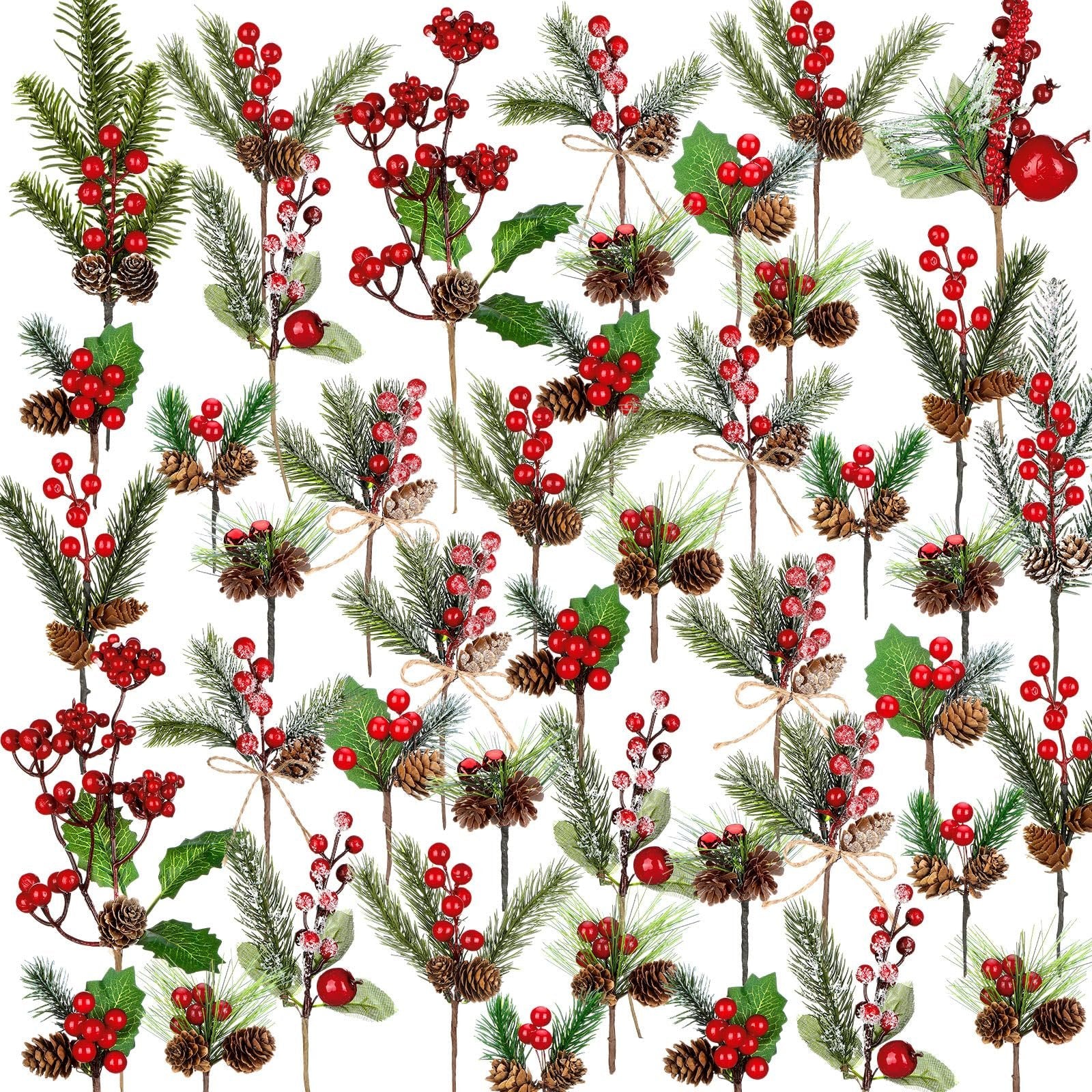 Collage of 50 Christmas floral picks with faux cedar, pine needles, red berries, pinecones, and holly leaves.