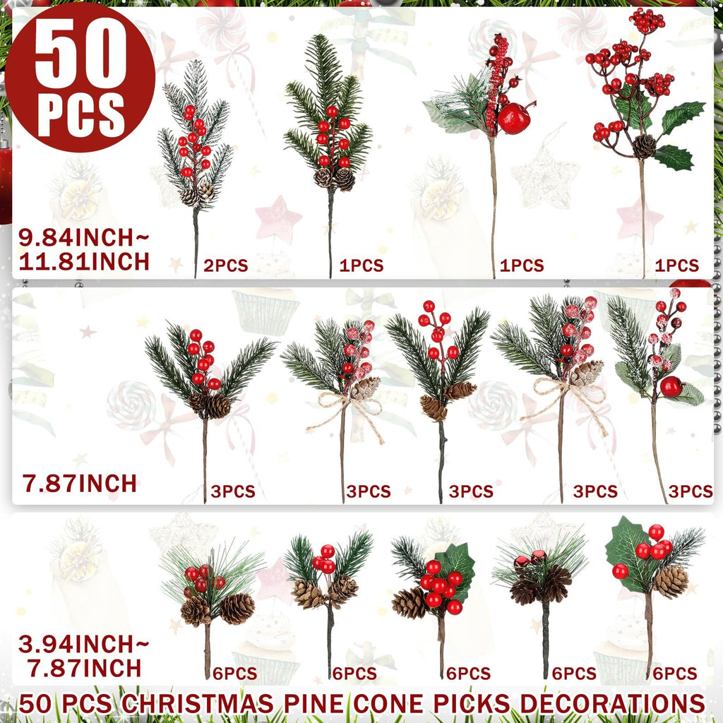 Collection of 50 Christmas floral picks with faux cedar, pine needles, red berries, and pinecones, displayed in three size categories.