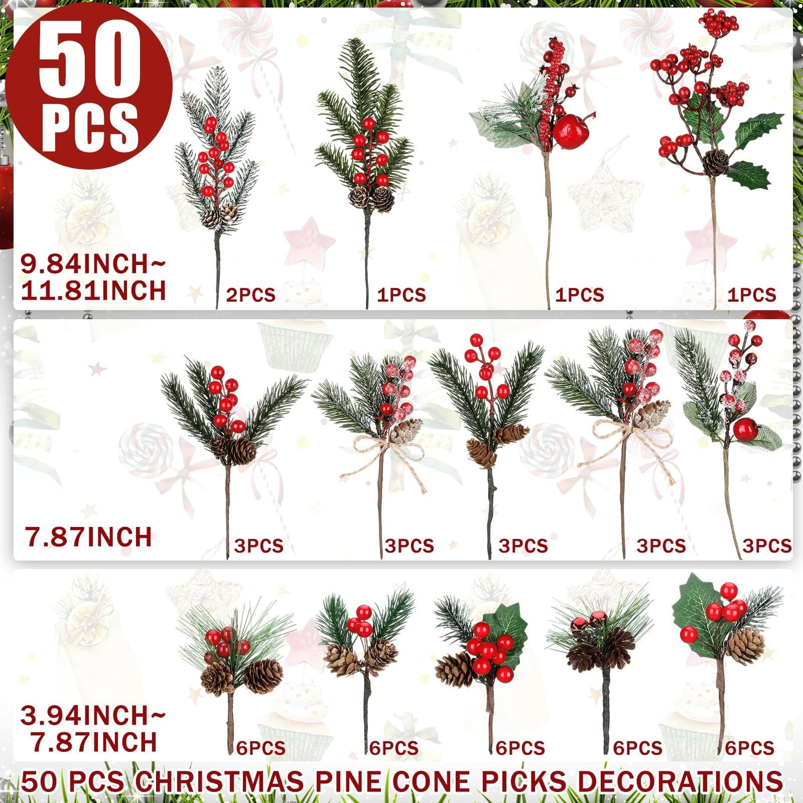Collection of 50 Christmas floral picks with faux cedar, pine needles, red berries, and pinecones, displayed in three size categories.