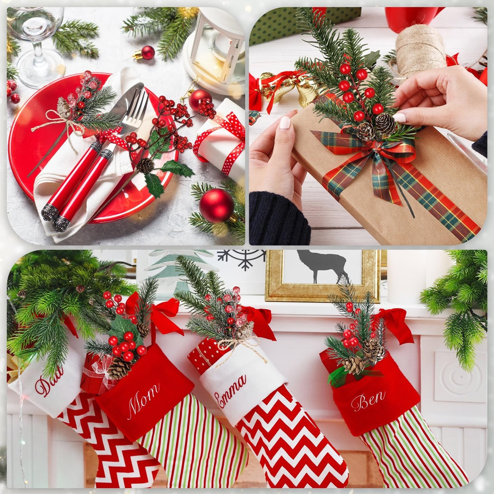 Christmas floral picks decorating a table setting, gift wrapping, and stockings on a mantelpiece.