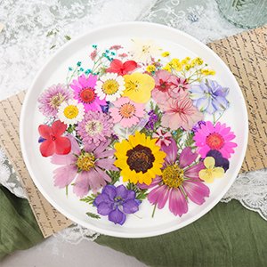 Assortment of colorful dried pressed flowers and leaves arranged in a white shallow dish, with decorative paper and fabric elements around it.