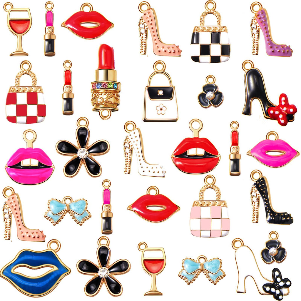 Assortment of 50 fashion-themed enamel charms including high heels, lipstick, lips, handbags, flowers, wine glasses, and bows for jewelry making.