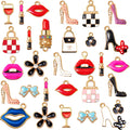 Assortment of 50 fashion-themed enamel charms including high heels, lipstick, lips, handbags, flowers, wine glasses, and bows for jewelry making.