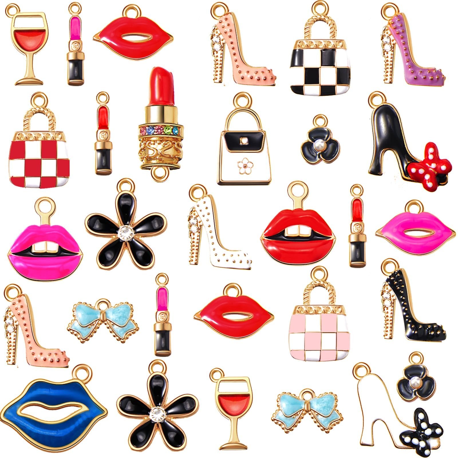 Assortment of 50 fashion-themed enamel charms including high heels, lipstick, lips, handbags, flowers, wine glasses, and bows for jewelry making.