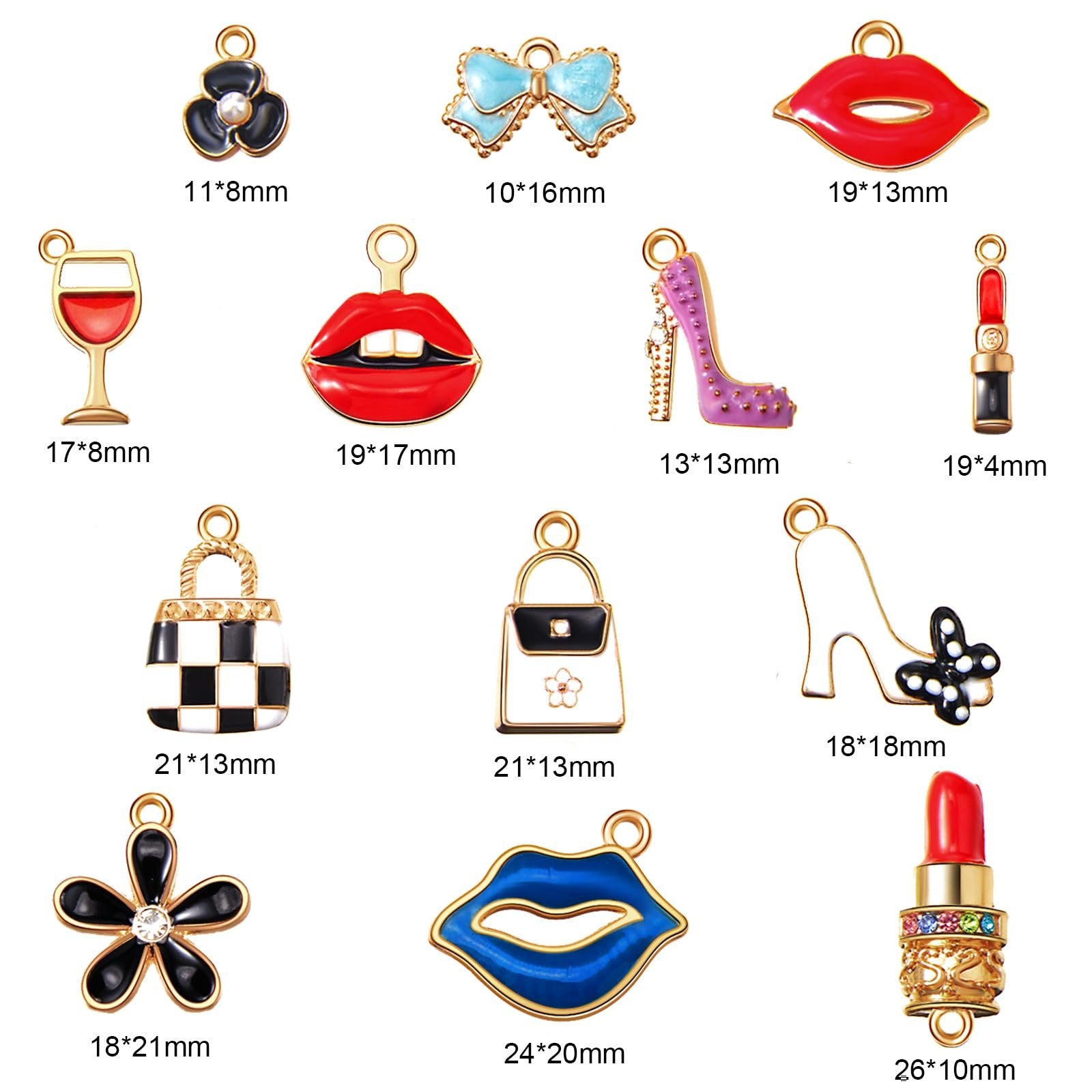 Collection of 12 assorted enamel charms for jewelry making, including high heels, lips, handbags, wine glasses, and lipstick, with dimensions listed below each.