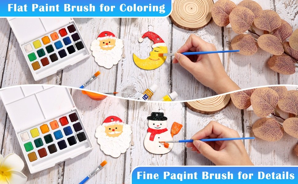 Two watercolor paint palettes and holiday ornaments being painted by hands, split image showing flat and fine brushes.
