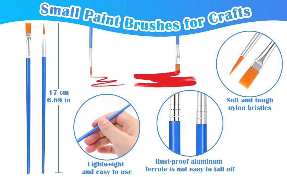 Set of small blue paint brushes with orange bristles, showing size and features like soft bristles and rust-proof ferrules.