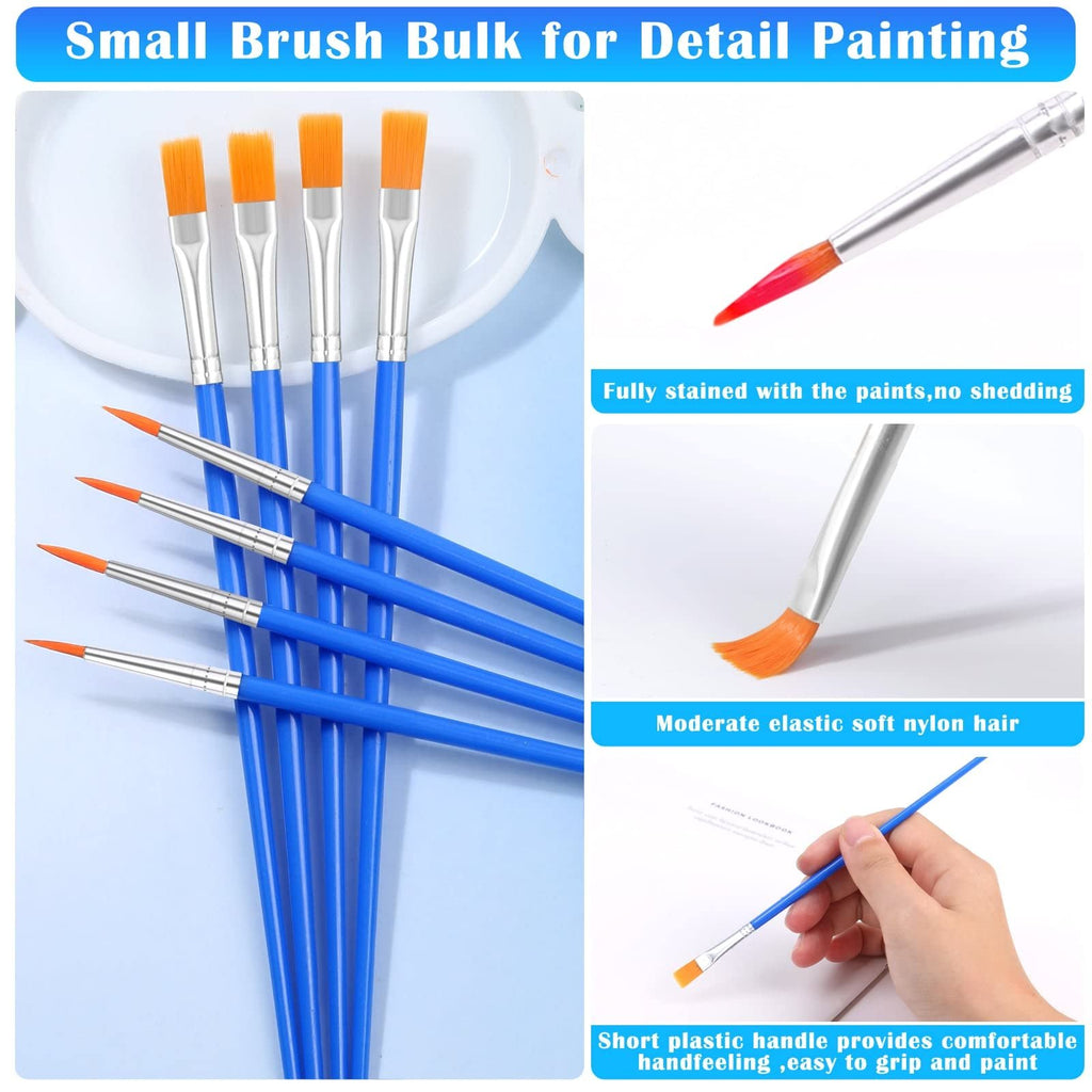 Set of blue handled paint brushes with orange bristles, shown in various close-ups and a hand holding one.