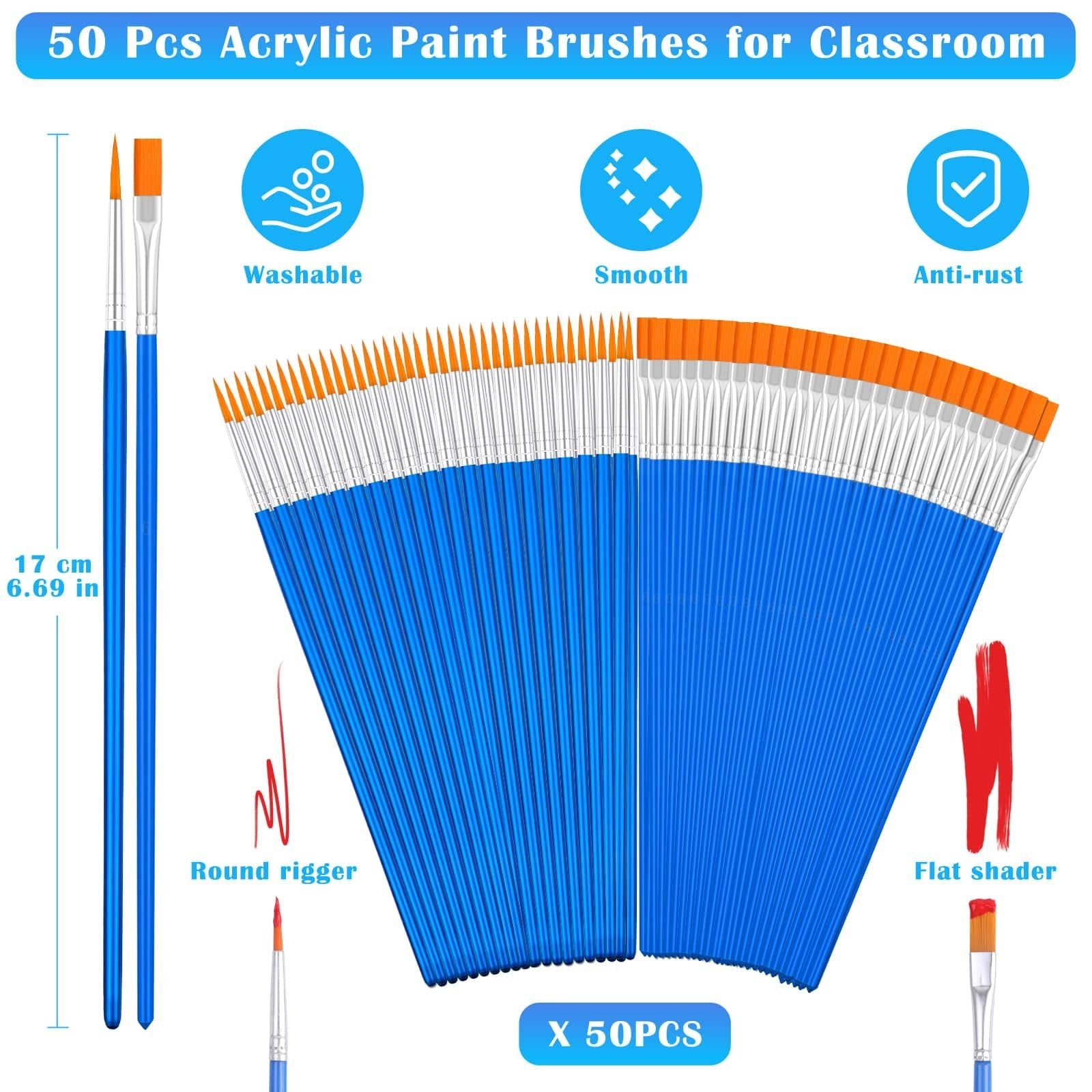 Set of 50 acrylic paint brushes with blue handles, fanned out, showing round rigger and flat shader types.