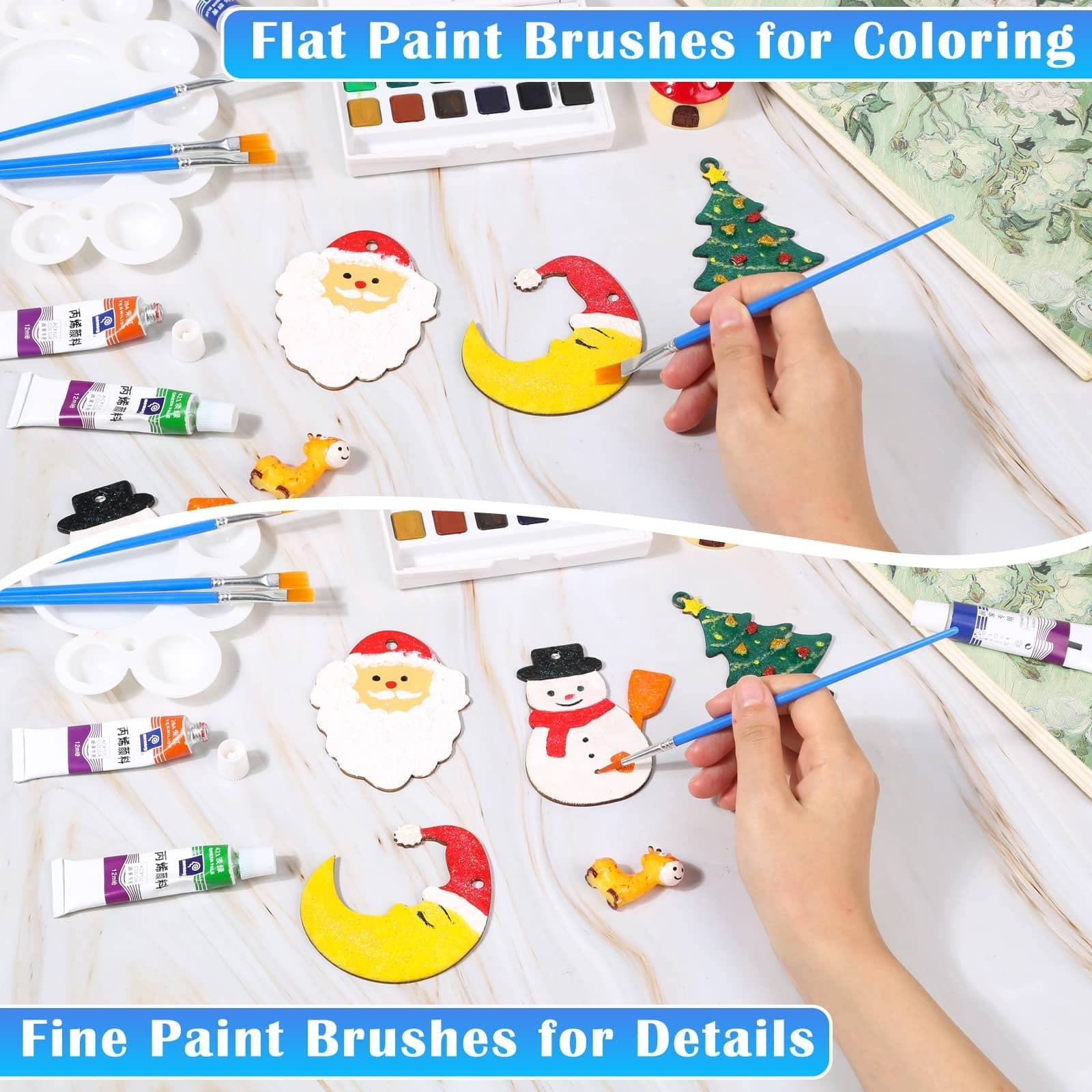 Flat paint brushes and watercolor paints being used to decorate Christmas ornaments like Santa, a snowman, and a moon.