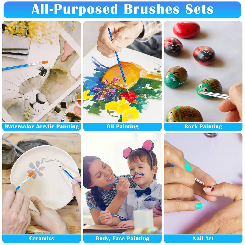 Collage of six images showing paint brushes used for watercolor, oil, rock, ceramics, face painting, and nail art.
