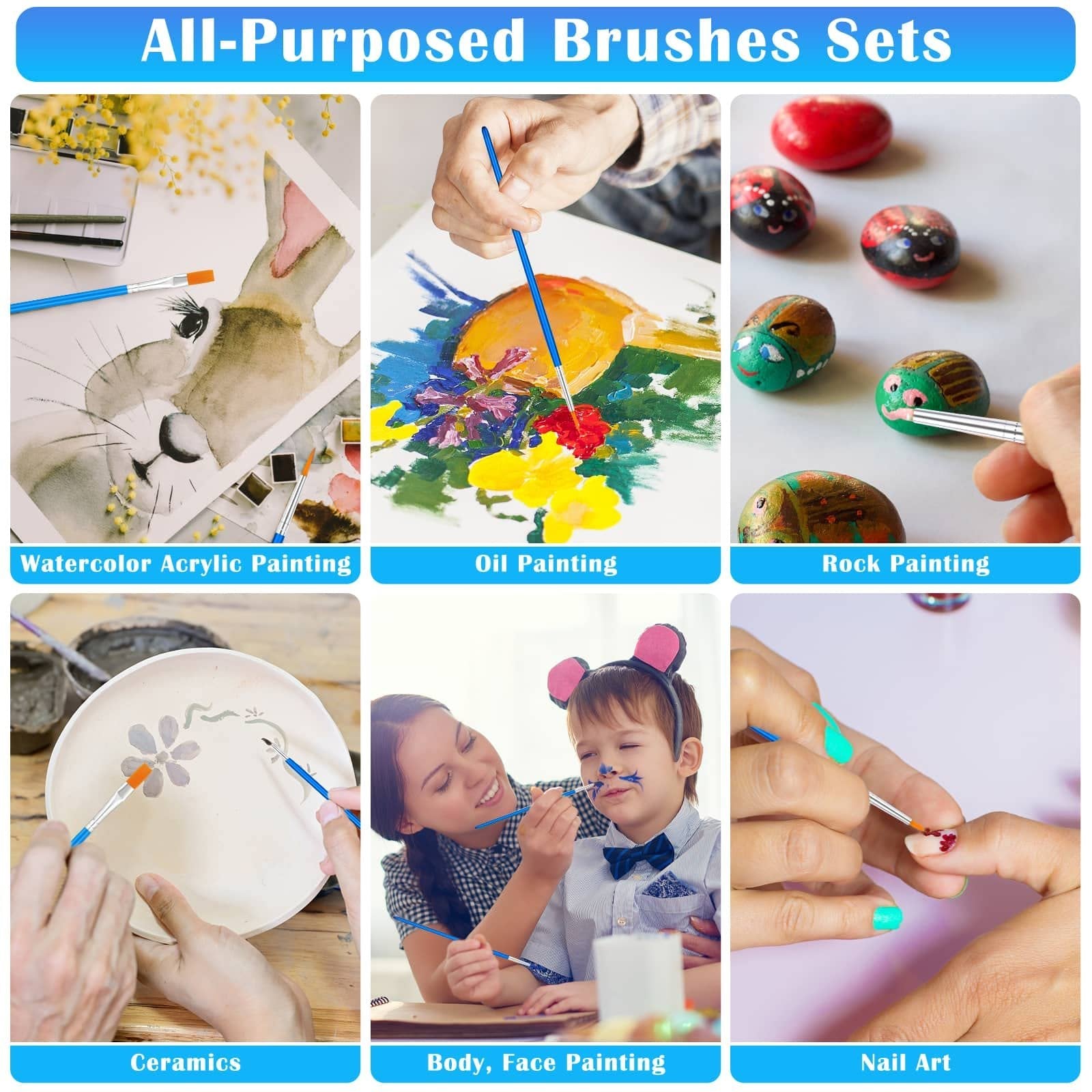 Collage of six images showing paint brushes used for watercolor, oil, rock, ceramics, face painting, and nail art.