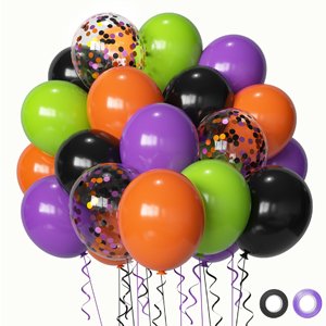 Cluster of 50 Halloween latex balloons in black, orange, purple, and green, some with confetti, with ribbons and tape rolls.