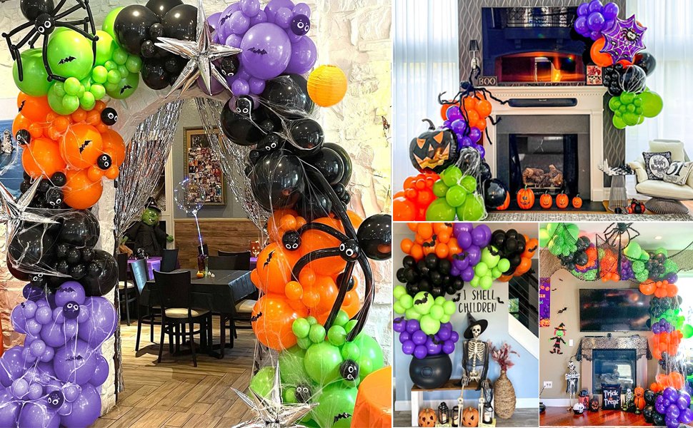 Collage of Halloween balloon decorations including arches, garlands, and fireplace displays with spiders, pumpkins, and bats.