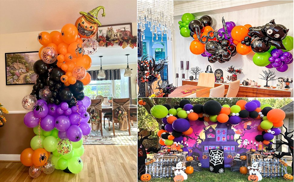 Collage of Halloween balloon arrangements in various settings, including indoor and outdoor party decorations.