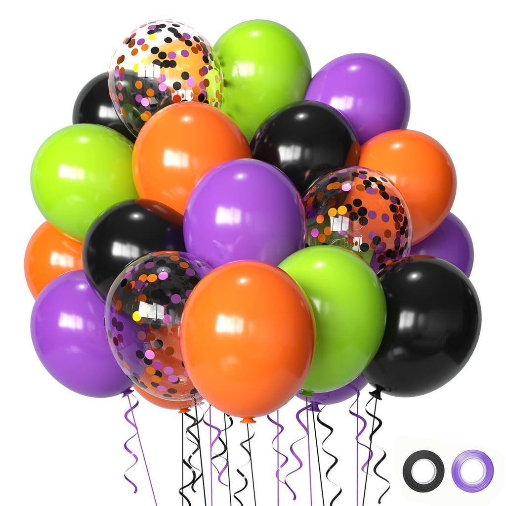 A cluster of 50 Halloween latex balloons in black, orange, purple, and green, some with confetti, and ribbons attached.