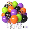 A cluster of 50 Halloween latex balloons in black, orange, purple, and green, some with confetti, and ribbons attached.