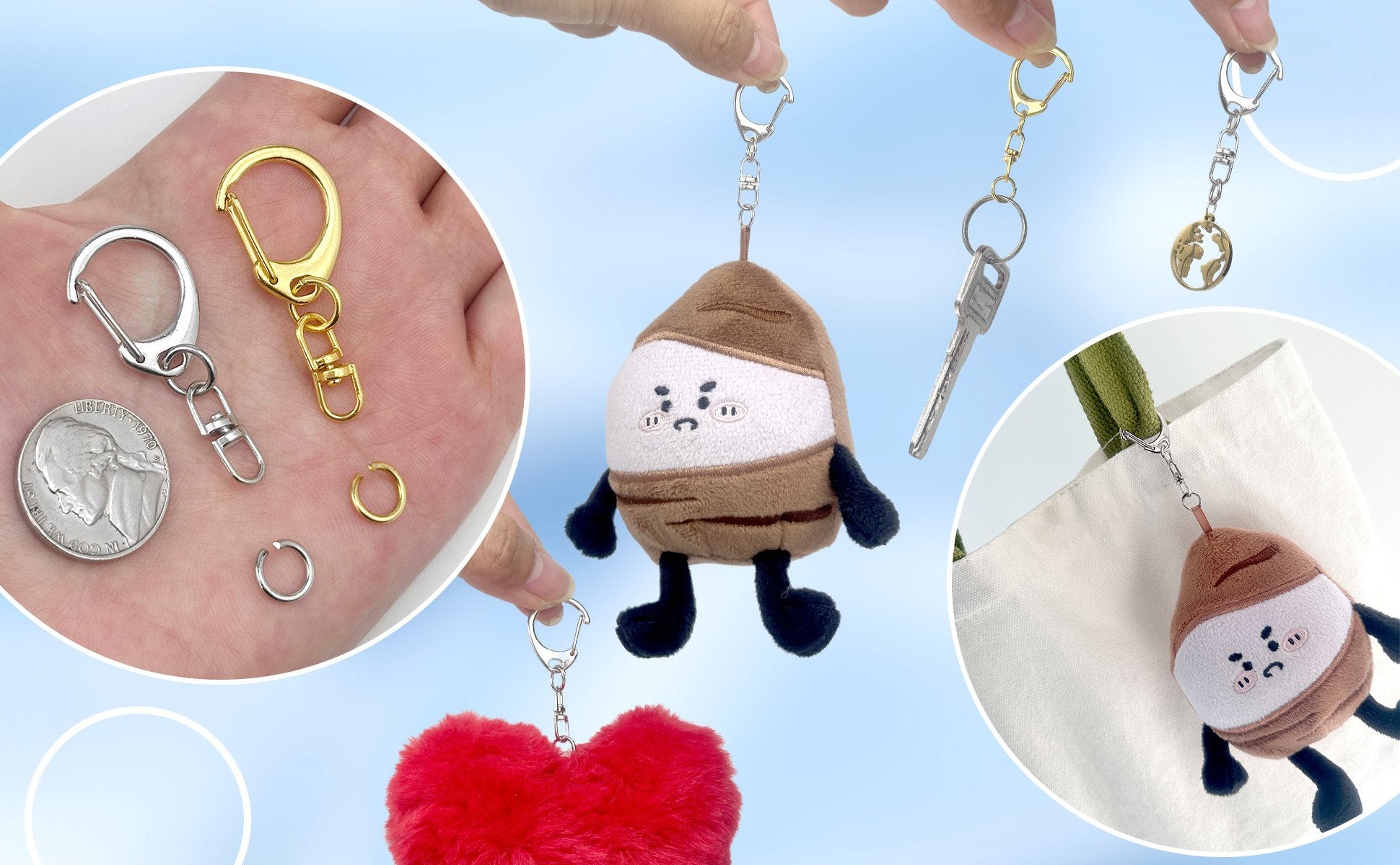 Assortment of keychain hardware including lobster clasps, jump rings, and a coin for scale, alongside plush keychain charms attached to keys and a tote bag.