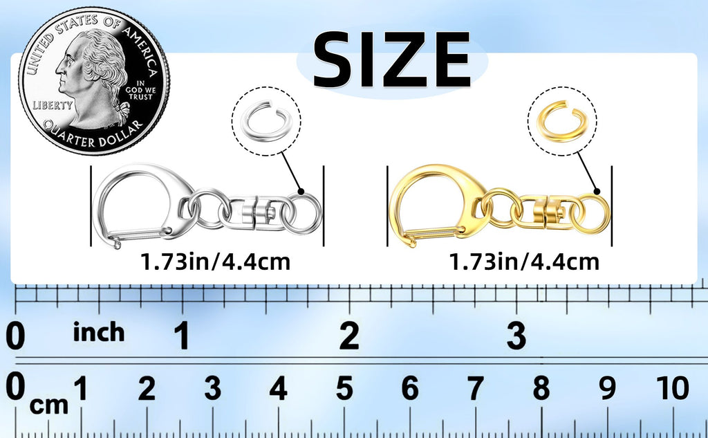 Two keychain clasps, one silver and one gold, shown with a US quarter for scale and a ruler indicating 1.73 inches or 4.4 cm.