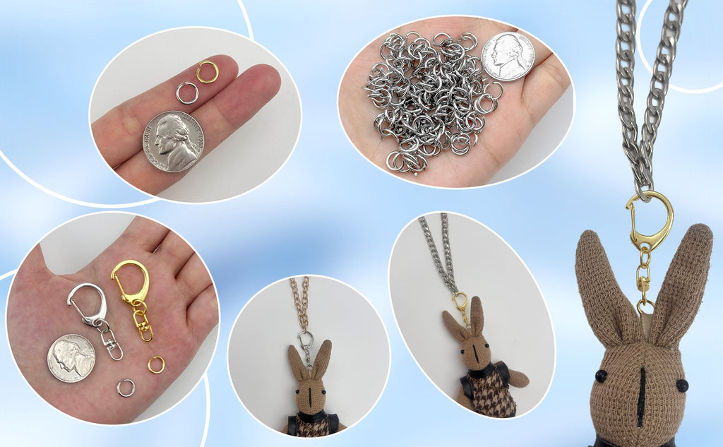 Collage of keychain components and a stuffed bunny charm. Includes close-ups of jump rings, lobster clasps, and a nickel for scale, plus examples of finished keychains.