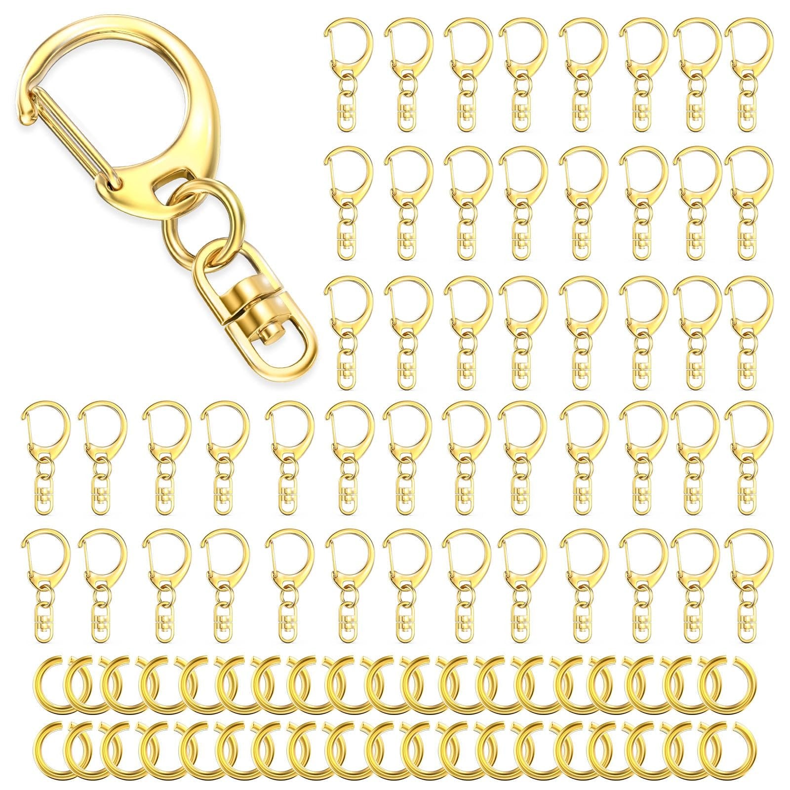 Gold metal lobster claw clasps with swivel hooks and jump rings for DIY keychains and accessories