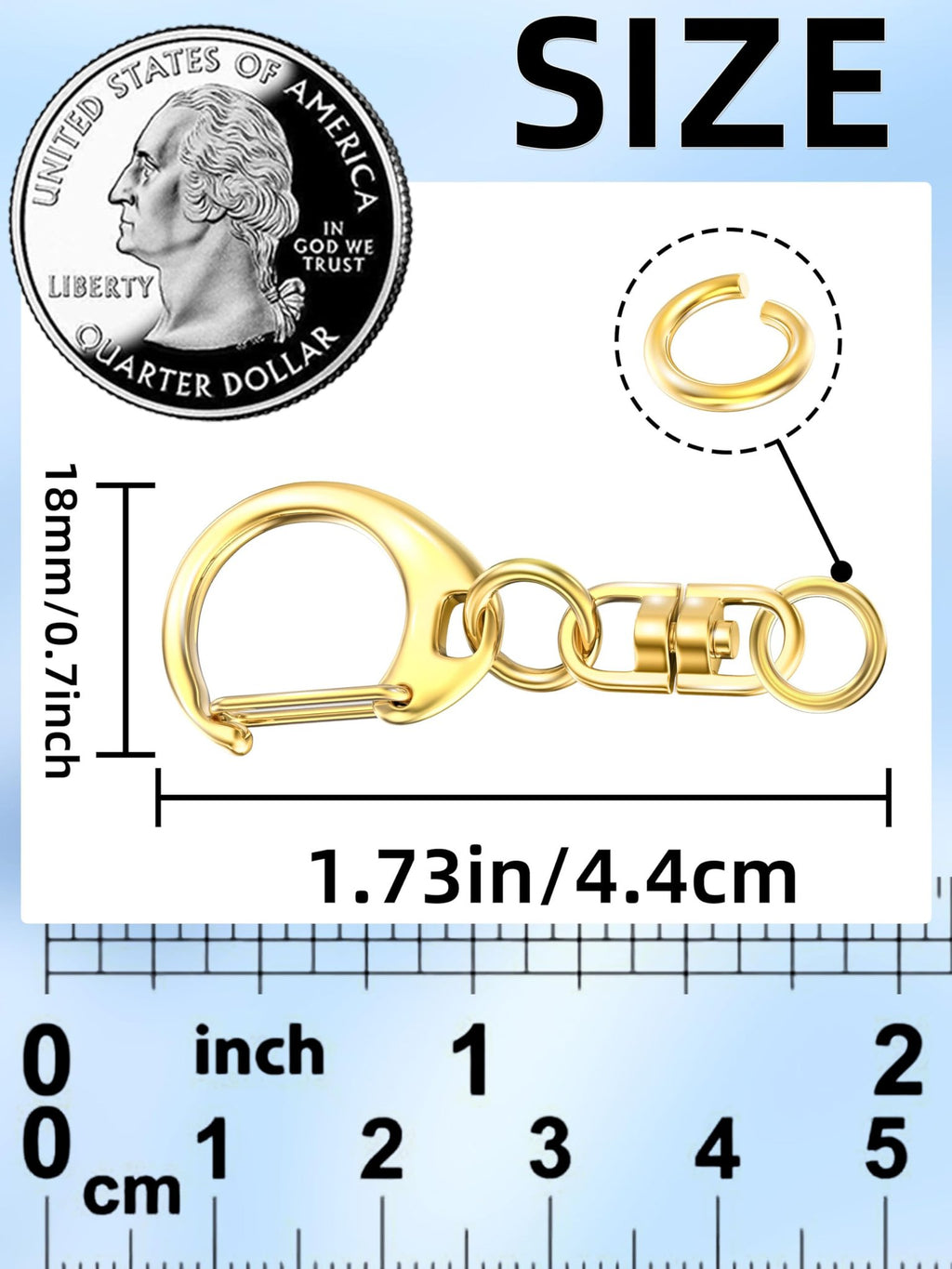 Golden keychain clasp and jump ring shown with ruler and quarter for size comparison