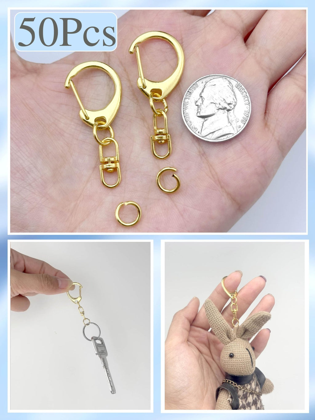 Gold lobster claw clasps, swivel snap hooks, and jump rings shown with a coin for scale, and in use with a key and a plush bunny charm.
