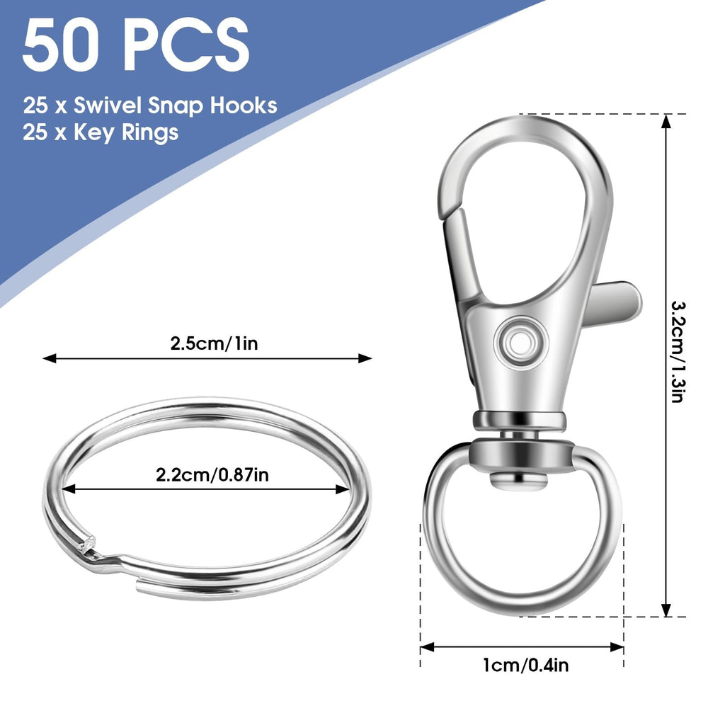 Silver metal swivel lobster claw clasp and key ring with dimensions shown