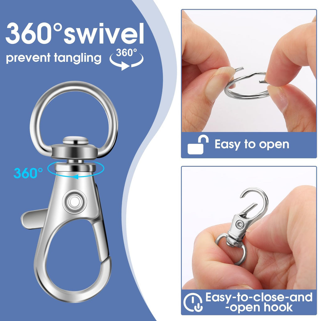 Silver metal swivel lobster claw clasp and key ring shown with 360 degree rotation and ease of use demonstrations.